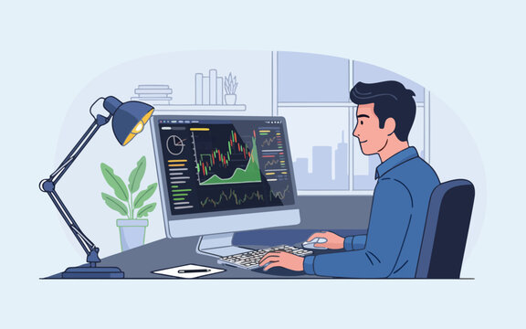 Trader analyzing real time stock market charts on computer screen
