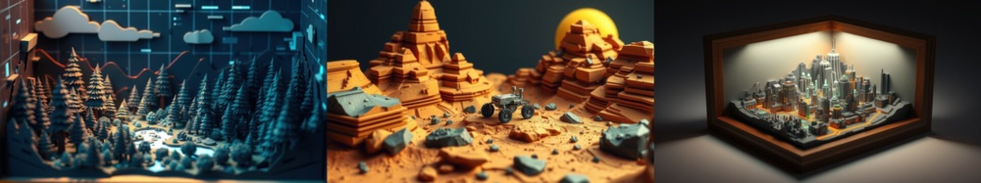 Three distinct low poly scenes. Forest, temple ruins, futuristic city. Dramatic lighting, warm tones, detailed models.