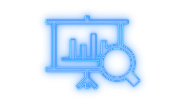 Colorful neon presentation screen icon showing a bar chart and a magnifying glass for data analysis and business research isolated on transparent background for digital web use
