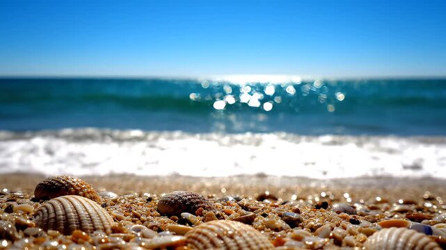 A low-angle shot of various sea shells on a pebbles sand beach, with a beautiful blurred blue ocean and sparkling sun glare bokeh in the background.