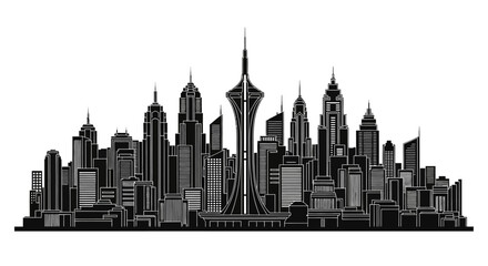 Fototapeta premium Black and white city skyline silhouette with central tower