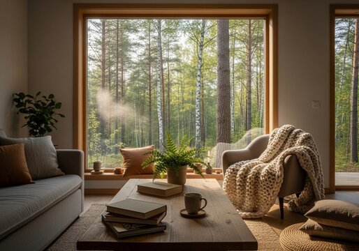 Cozy living room interior with wooden table and forest view