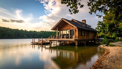 Obraz premium Serene lake house at sunset calm.