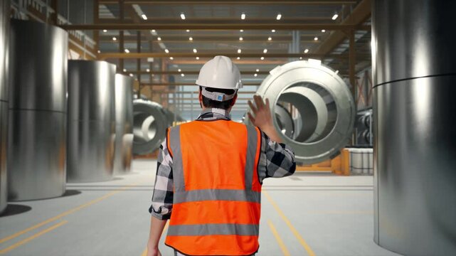 Back of Asian Male Engineer Waving Hand Saying Bye While Walking at Heavy Factory with Large Turbine Components