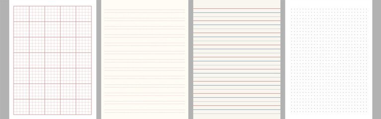 Obraz premium Set of school copybook, notebook sheets. Line, squared paper, dotted line. Papers for notes, study, education, work, blueprint.