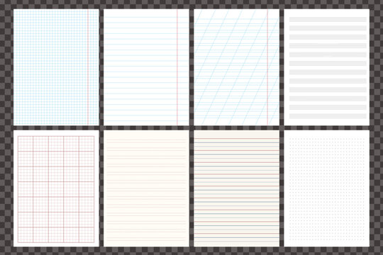 Set of school copybook, notebook sheets. Line, squared paper, dotted line,diagonal line. Paper sheet for music. Papers for notes, study, education, work, blueprint.