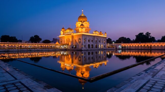 Gurdwara Bangla Sahib Sikh Temple in New Delhi illuminated at night with beautiful reflection in the water pool