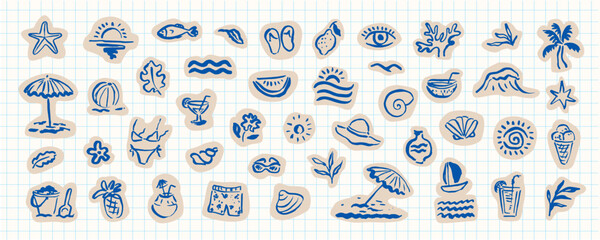 Set of summer icons. Naive hand drawn style. Exotic, coastal, sea, ocean funky design elements. Palm, waves, exotic leaves, sun. Scrapbook cutout design. Stickers kit. © olechkaart