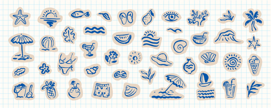 Set of summer icons. Naive hand drawn style. Exotic, coastal, sea, ocean funky design elements. Palm, waves, exotic leaves, sun. Scrapbook cutout design. Stickers kit.