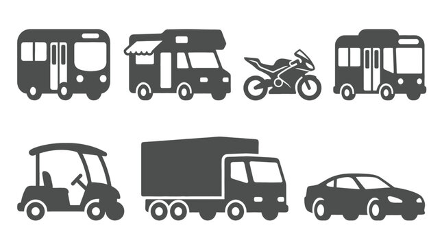 A collection of flat gray transportation icons featuring a bus a motorhome a motorcycle a small bus a cart and trucks.