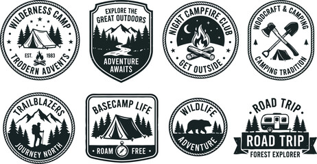 Fototapeta premium Camping and outdoor adventure badges and labels with ropes and text on white background