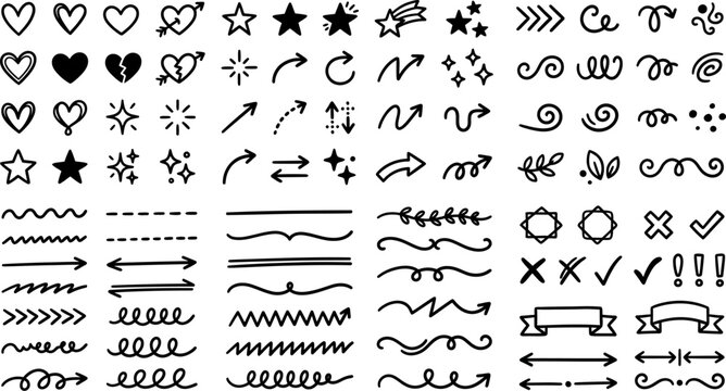 Hand drawn doodle graphic design elements on white background