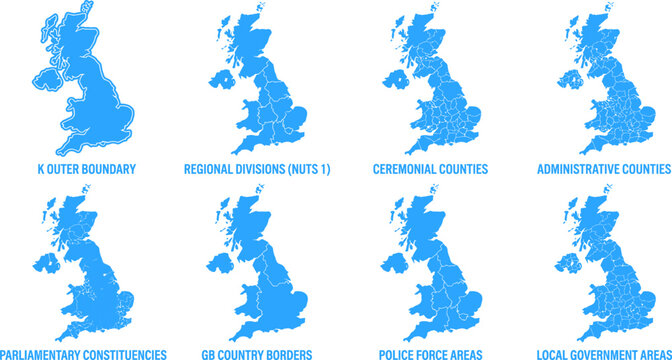 Eight blue UK maps with different administrative divisions labeled on white background