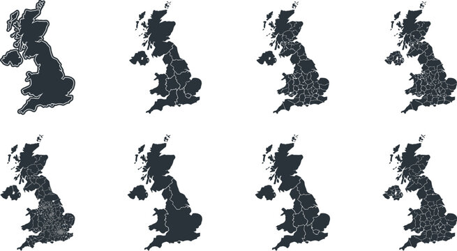 Eight grunge textured black United Kingdom maps with white lines on white background