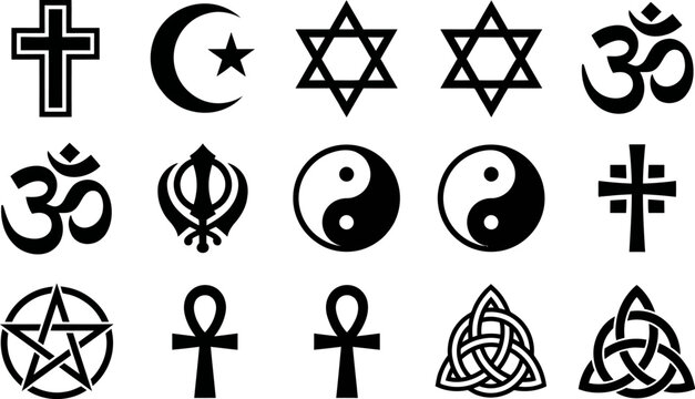 Religious and spiritual symbols from various cultures and faiths on white background