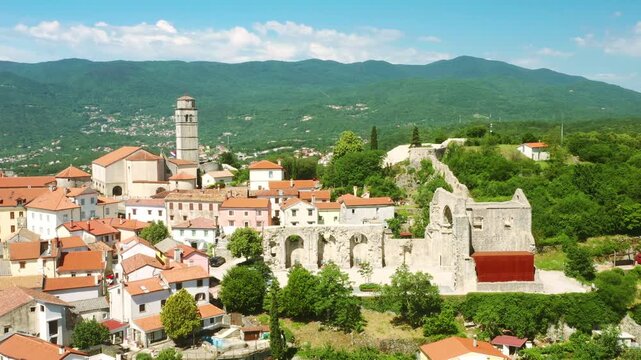 Aerial view of old town of Kastav above Kvarner bay in Croatia