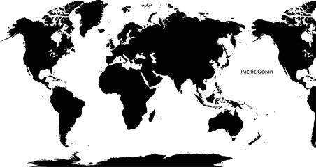 World map with continents and Pacific Ocean labeled on white background © Badhon
