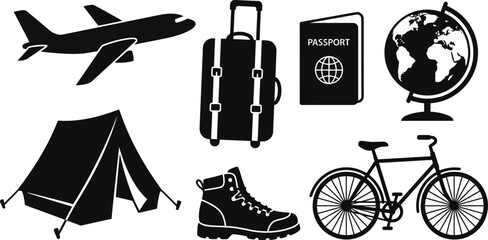 Travel and adventure icons including airplane luggage passport globe tent hiking boot bicycle © Badhon