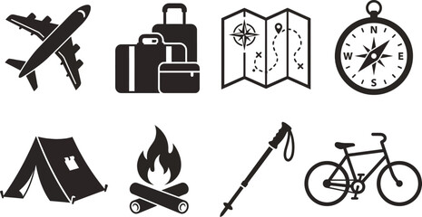 Travel and outdoor adventure icons including airplane luggage map compass tent campfire hiking stick bicycle © Badhon