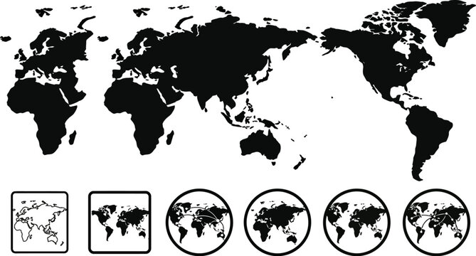 Collection of world maps in different shapes and formats for global navigation and design