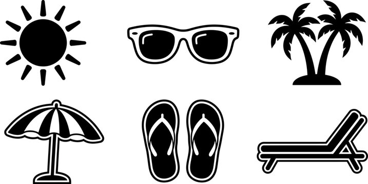 Black and white beach icons including sun sunglasses palm trees umbrella flip flops and lounge chair