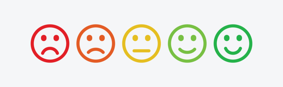 Five facial expression emoticons ranging from very unhappy to very happy on a white background
