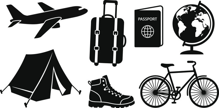 Travel and adventure icons including airplane luggage passport globe tent hiking boot bicycle
