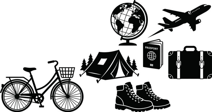 Travel and vacation icons including bicycle airplane globe passport and luggage
