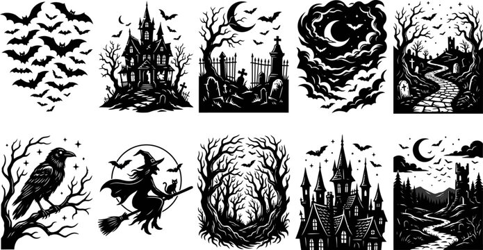 Collection of spooky Halloween illustrations with bats castles witches trees and birds on white background