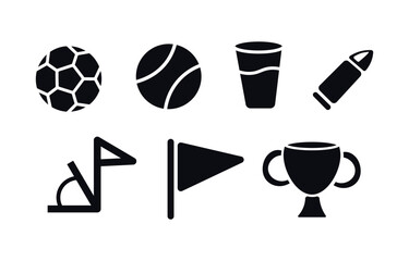 A collection of clean black silhouette icons featuring a soccer ball, tennis ball, water cup, bullet, corner flag, pennant, and a victory trophy cup. Ideal for sports graphics  © Crazy Monday Studio