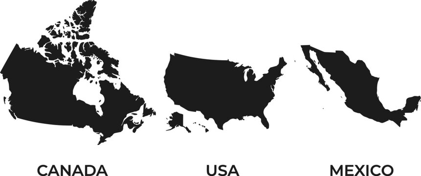 black silhouettes of Canada USA and Mexico on white background