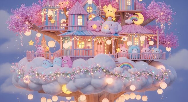 Cena fant&aacute;stica de uma casa na &aacute;rvore com design l&uacute;dico, apresentando luzes e decora&ccedil;&atilde;o coloridas.