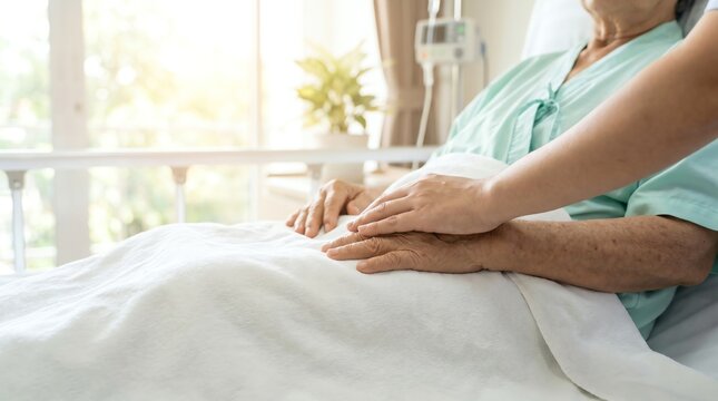 Compassionate caregiver holding the hand of an elderly patient in a hospital bed providing comfort and support during recovery process