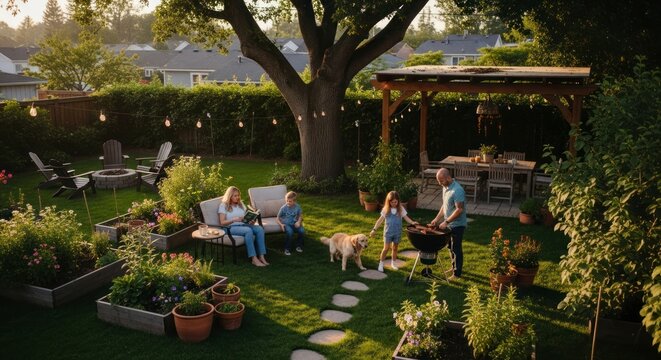 Fam&iacute;lia desfrutando de um churrasco ao ar livre em um jardim bem cuidado no quintal.
