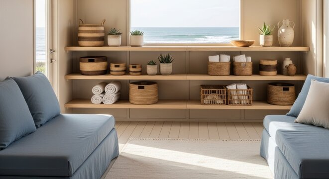 Design de interiores costeiro com prateleiras exibindo objetos de decora&ccedil;&atilde;o e vista para o mar.