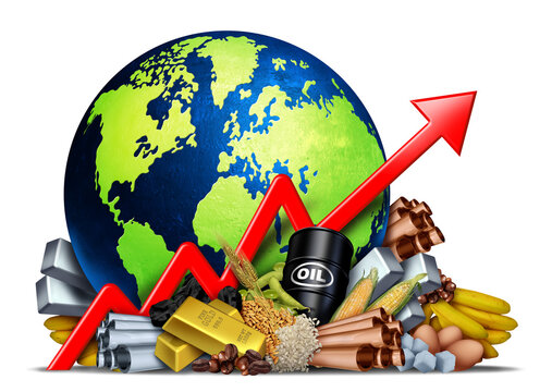 Rising Global Commodity prices and higher Commodities price or rise in economic goods and natural resources as a stock market trading as crude oil coffee beans copper gold.