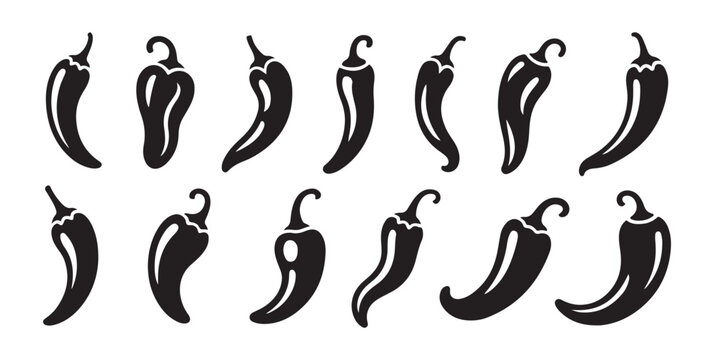 Chili pepper vector black silhouettes. hot spicy ingredient for cooking food design. isolated chili.