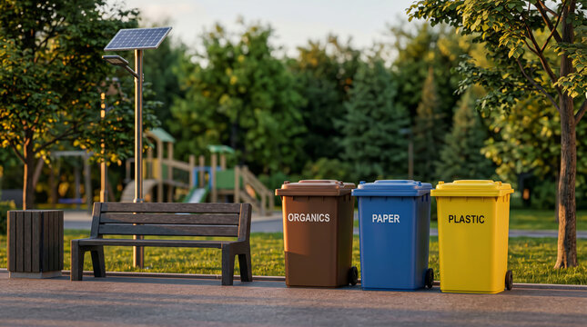 Solar-powered illumination apparatus anchoring a trio of color-coded thermoplastic polymer refuse receptacles for organic paper and plastic separation.