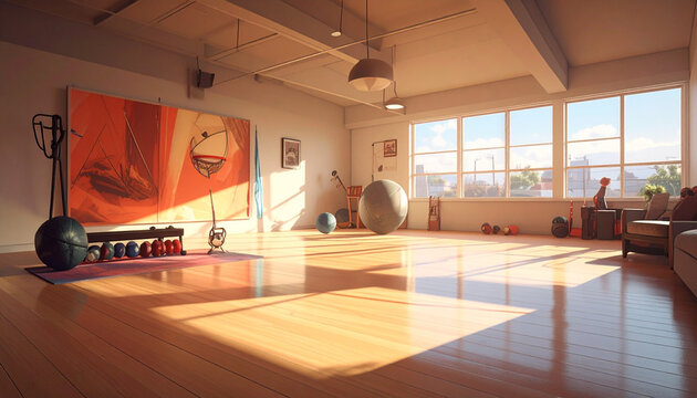 Interior de gin&aacute;sio moderno com muita luz natural.