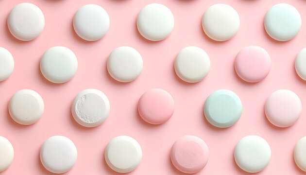 Macarons em tons pastel dispostos sobre fundo rosa.