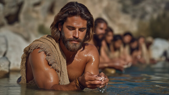 Gideon selecting soldiers by the river, biblical scene of discernment, faith, and divine guidance, tense and purposeful atmosphere