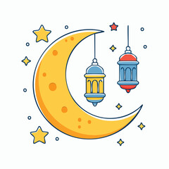 Fototapeta premium Ramadan Kareem crescent moon with lanterns and stars illustration