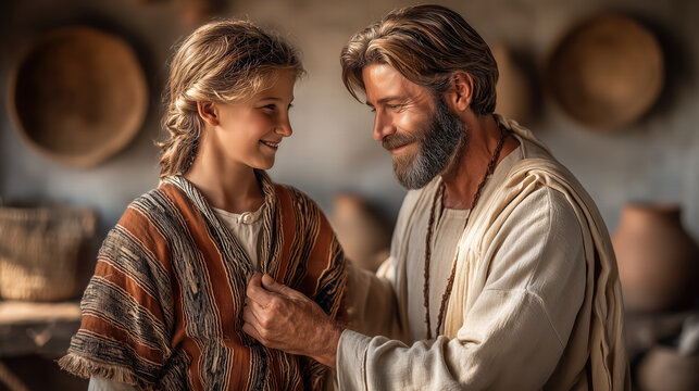 Jacob giving Joseph a new richly colored robe, emotional biblical scene of fatherly love and favor, warm light, symbolic moment foreshadowing jealousy and future events