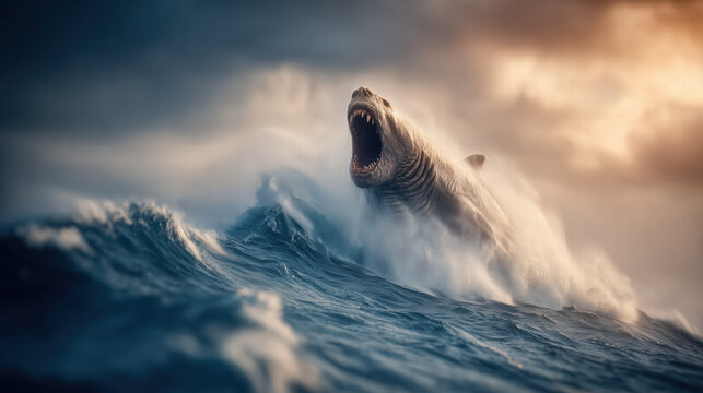 The Beast rising out of the sea in Revelation, terrifying and apocalyptic biblical scene, dark waters and stormy sky emphasizing chaos, power, and prophetic symbolism