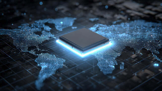 Global semiconductor microchip on world map background representing manufacturing supply chain shortages, geopolitical trade war, international tech industry, and computer processor hardware.