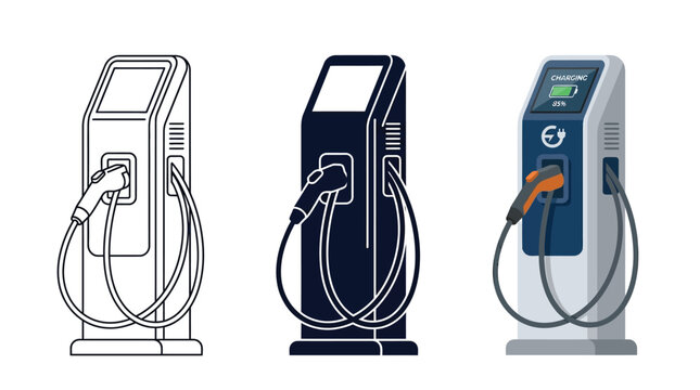 Three different styles of electric vehicle charging stations displayed together