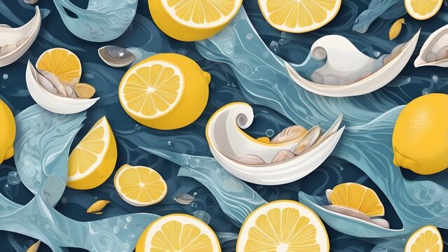 Vibrant yellow lemons and slices with abstract blue waves and white shell elements on a dark background, a fresh citrus pattern