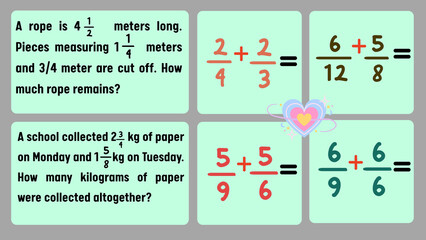 Naklejka premium Educational Math Problems Fractions, Addition, and Subtraction Practice for Students
