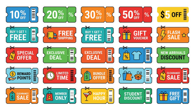Colorful rectangular voucher coupons featuring various promotional discount offers and sales icons for retail marketing campaigns