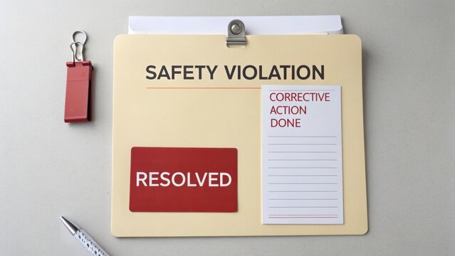 Safety Violation Document with Resolved Status and Corrective Action Checklist on Desk Surface for Workplace Compliance and Management Use